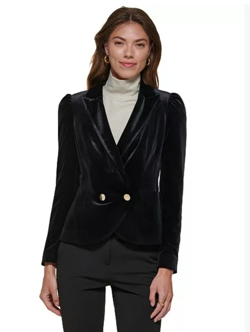 DKNY Black Velvet Double-Breasted Blazer with Gold Buttons Sz 16 Fall Office New